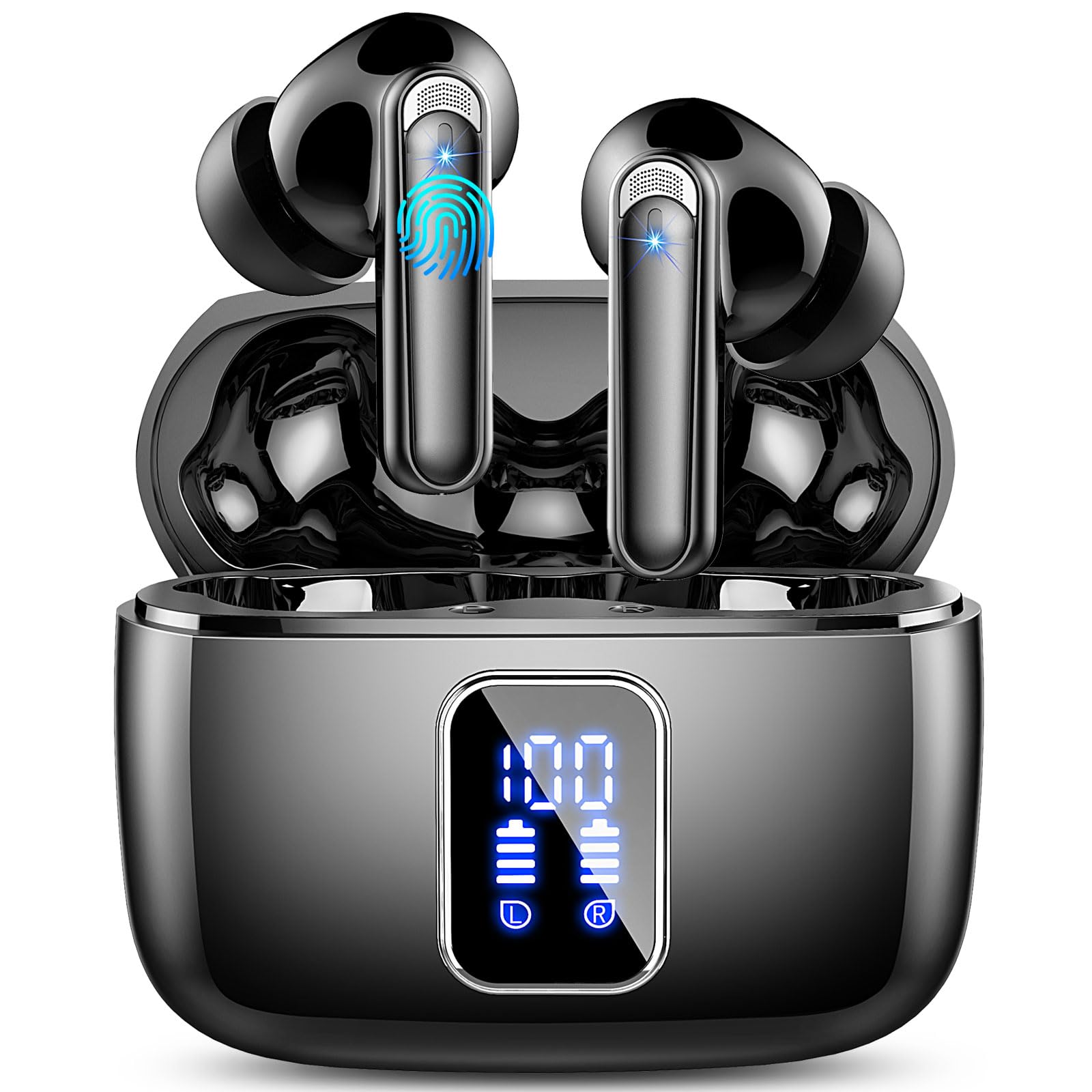 Wireless Earbuds Bluetooth 5.3 Headphones Ear Buds Wireless Earbuds Bluetooth with 4 ENC Noise Cancelling Mic 48H Playtime HD Stereo LED Power Display IP7 Waterproof Wireless Earphones Jet Black